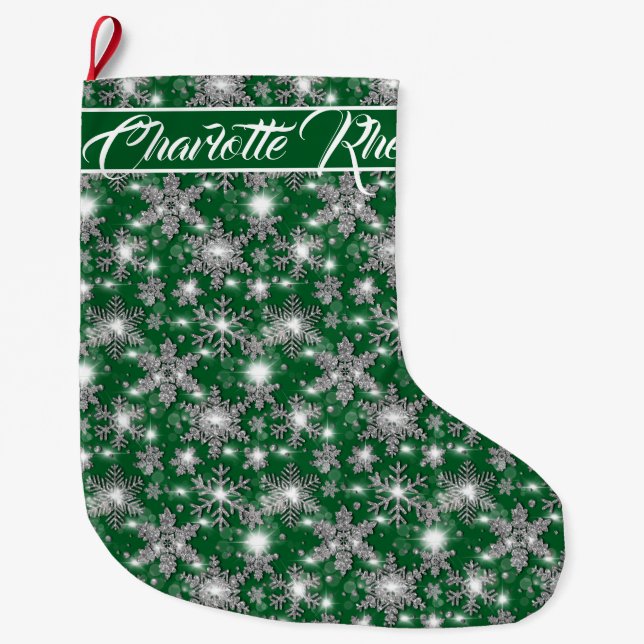 Glittery silver green snowflakes personalise  large christmas stocking (Front)