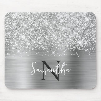 Glittery Silver Grey Glam Monogrammed Mouse Mat