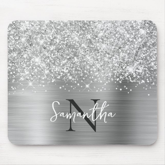 Glittery Silver Grey Glam Monogrammed Mouse Mat (Front)
