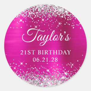 Glittery Silver Hot Pink Foil 21st Birthday Classic Round Sticker