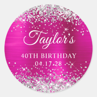 Glittery Silver Hot Pink Foil 40th Birthday Classic Round Sticker