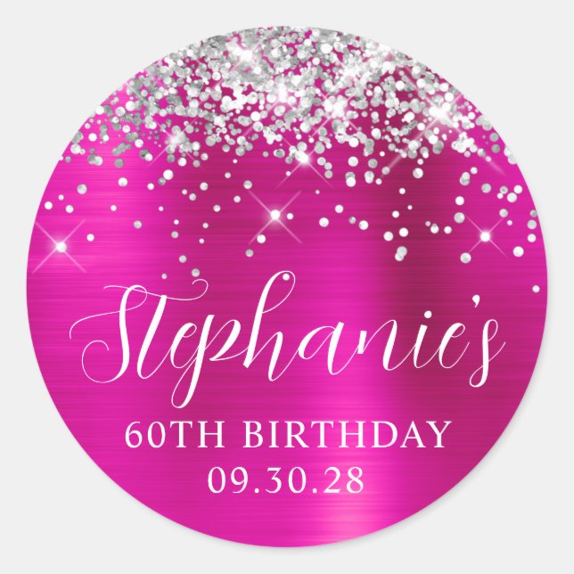 Glittery Silver Hot Pink Foil 60th Birthday Classic Round Sticker (Front)