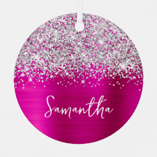 Glittery Silver Hot Pink Glam Name Metal Tree Decoration