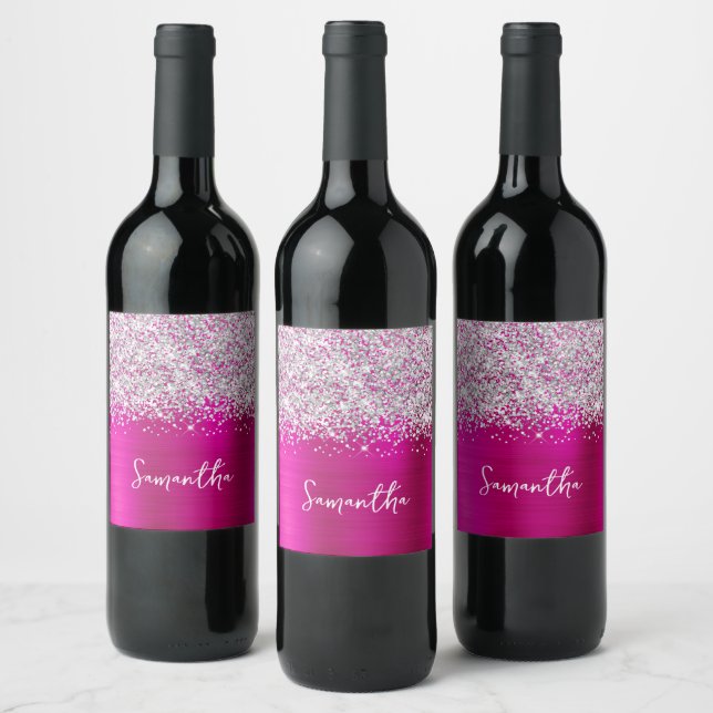 Glittery Silver Hot Pink Glam Script Name Wine Label (Bottles)
