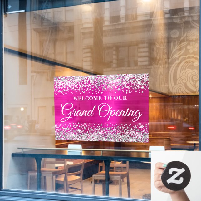 Glittery Silver Hot Pink Grand Opening Welcome Window Cling (Cafe Window)