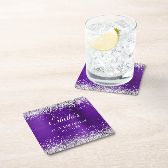 Glittery Silver Indigo Purple Foil 21st Birthday Square Paper Coaster (Insitu)