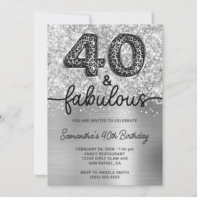 Glittery Silver Leopard 40 and Fabulous Invitation (Front)