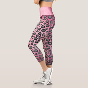 Glittery Silver Leopard Print on Hot Pink Capri Leggings