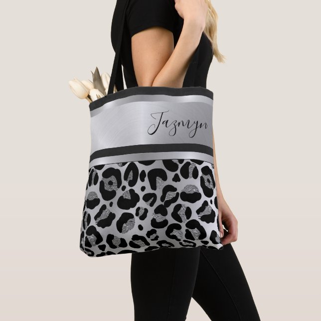 Glittery Silver Leopard Safari Print Personalised Tote Bag (Close Up)