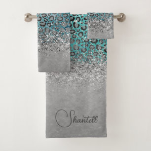 Glittery Silver Leopard Turquoise Personalised  Bath Towel Set