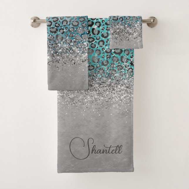  Glittery Silver Leopard Turquoise Personalised  Bath Towel Set (Insitu)