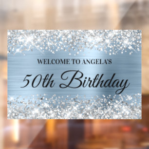 Glittery Silver Light Blue 50th Birthday Welcome Window Cling