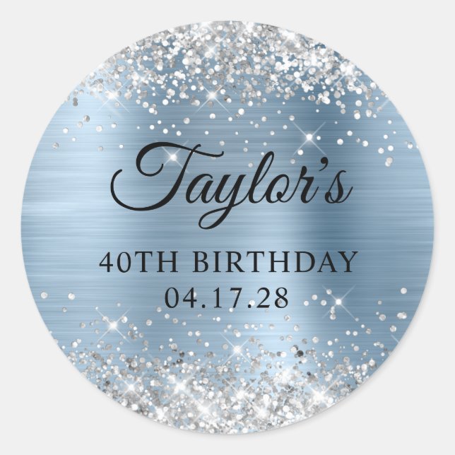 Glittery Silver Light Blue Foil 40th Birthday Classic Round Sticker (Front)