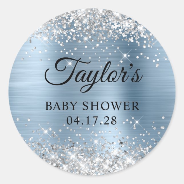 Glittery Silver Light Blue Foil Baby Shower Classic Round Sticker (Front)