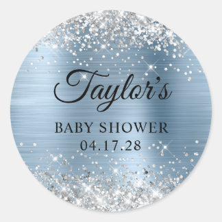 Glittery Silver Light Blue Foil Baby Shower Classic Round Sticker