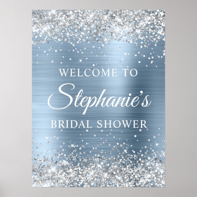 Glittery Silver Light Blue Foil Bridal Shower Poster (Front)