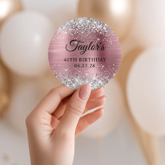 Glittery Silver Light Pink Foil 40th Birthday Classic Round Sticker