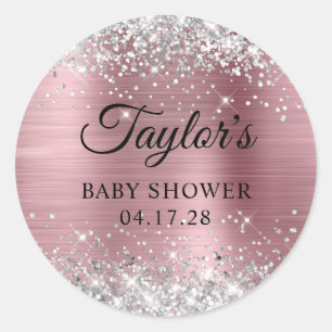 Glittery Silver Light Pink Foil Baby Shower Classic Round Sticker