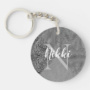 Glittery Silver Lotus Leopard Monogram Key Ring