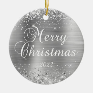 Glittery Silver Merry Christmas Family Photo Ceramic Tree Decoration