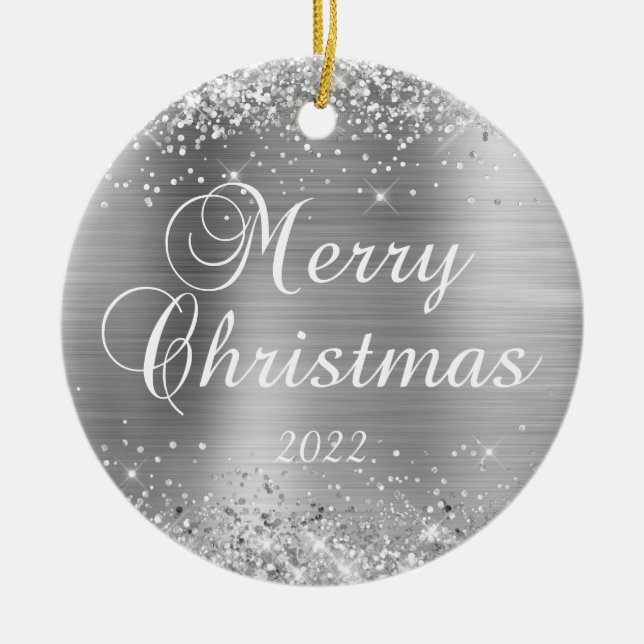 Glittery Silver Merry Christmas Family Photo Ceramic Tree Decoration (Front)