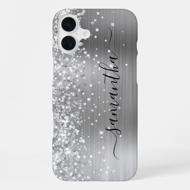 Glittery Silver Metallic Girly Signature iPhone Case (Back)