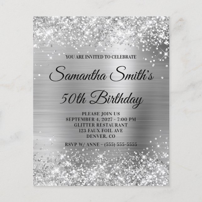 Glittery Silver Monogram 50th Birthday Invite Flyer (Front)