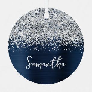 Glittery Silver Navy Blue Glam Name Metal Tree Decoration