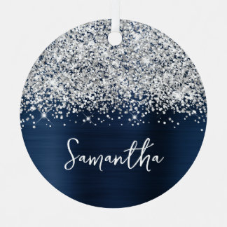 Glittery Silver Navy Blue Glam Name Metal Tree Decoration