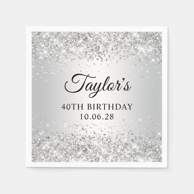 Glittery Silver Ombre 40th Birthday Napkin (Front)