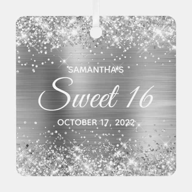 Glittery Silver Ombre Foil Sweet 16 Metal Tree Decoration (Front)