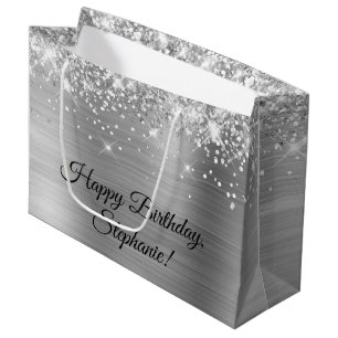 Glittery Silver Personalised Happy Birthday Large Gift Bag