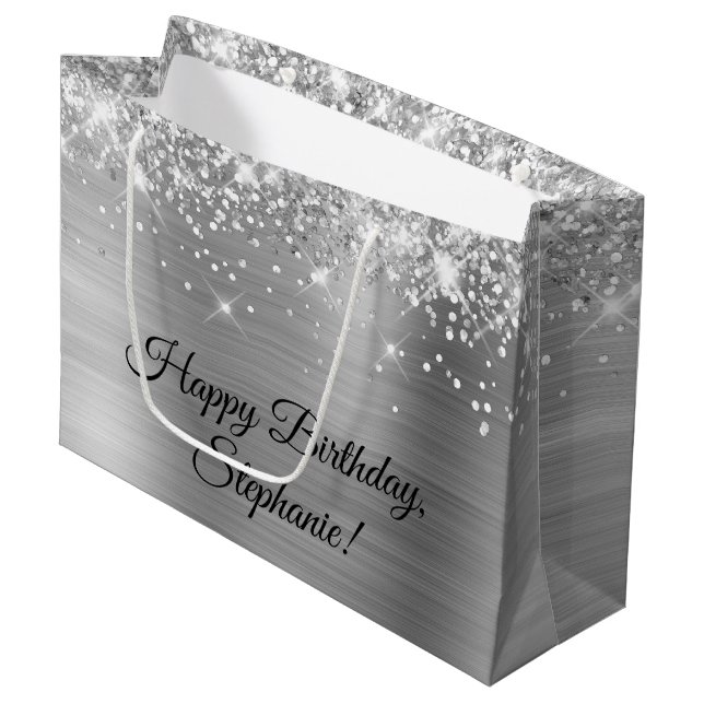 Glittery Silver Personalised Happy Birthday Large Gift Bag (Front Angled)