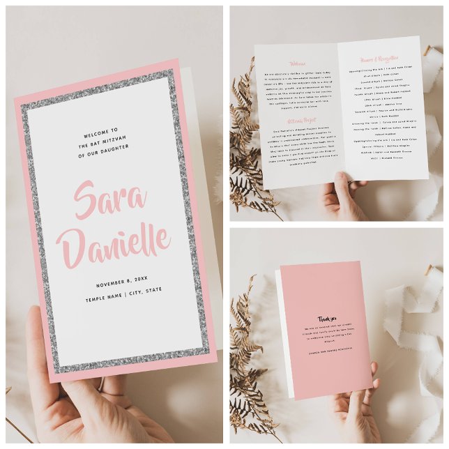 Glittery Silver & Pink Bat Mitzvah Folded Program Flyer (Creator Uploaded)