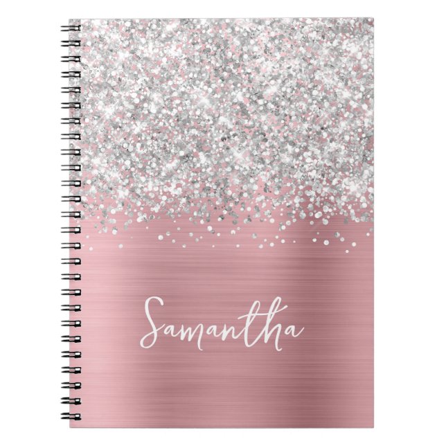 Glittery Silver Pink Blush Glam Script Name Notebook (Front)