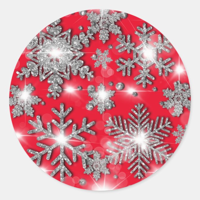 Glittery silver red  festive snowflake pattern    classic round sticker (Front)