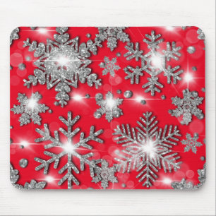 Glittery silver red festive snowflake pattern  mouse mat