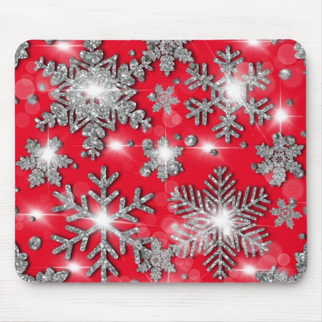 Glittery silver red festive snowflake pattern  mouse mat (Front)