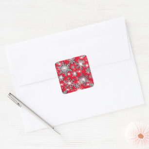 Glittery silver red festive snowflake pattern square sticker