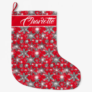 Glittery silver red festive snowflakes pattern  large christmas stocking