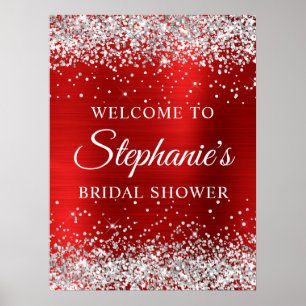 Glittery Silver Red Foil Bridal Shower Welcome Poster