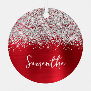Glittery Silver Red Glam Name Metal Tree Decoration