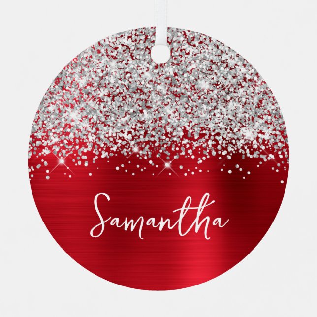 Glittery Silver Red Glam Name Metal Tree Decoration (Front)