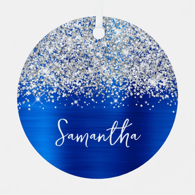 Glittery Silver Royal Blue Glam Name Metal Tree Decoration (Front)
