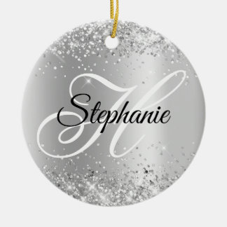 Glittery Silver Shimmer Fancy Monogram Ceramic Tree Decoration