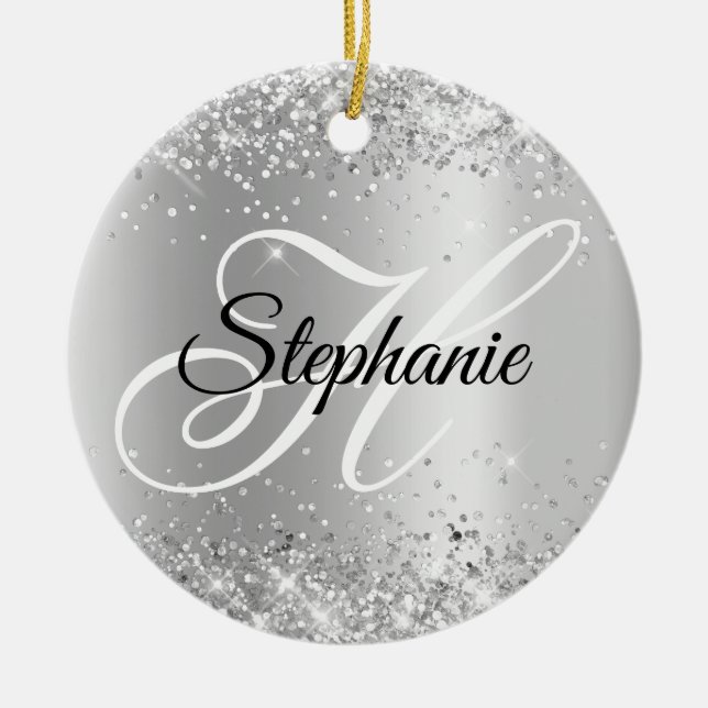 Glittery Silver Shimmer Fancy Monogram Ceramic Tree Decoration (Front)