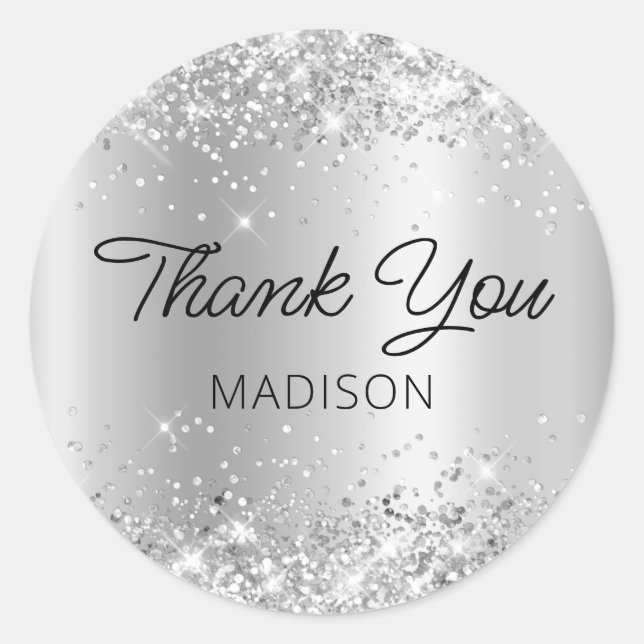 Glittery Silver Shimmer Ombre Thank You Classic Round Sticker (Front)