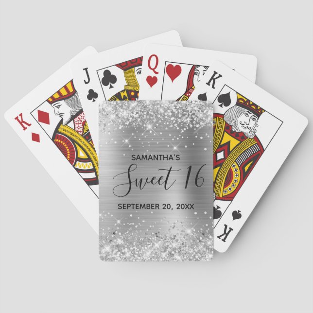 Glittery Silver Sweet 16 Birthday Favour Playing Cards (Back)