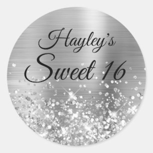 Glittery Silver Sweet 16 Classic Round Sticker
