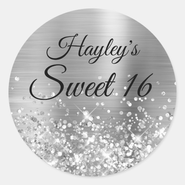 Glittery Silver Sweet 16 Classic Round Sticker (Front)